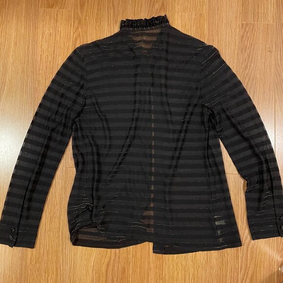 Vintage Italian Sheer Shimmer Button-Up Ribbon Blouse Black Gold - Picture 5 of 16